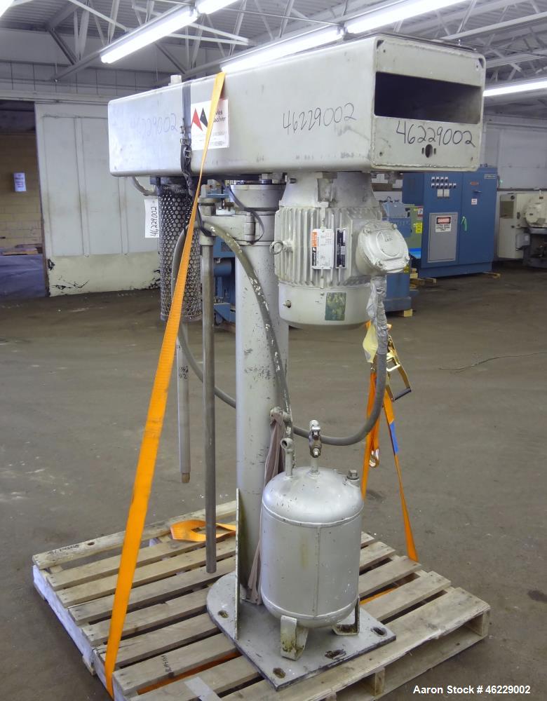 Used Cowles Disperser, Model W-24-1X. 304 Stainless steel shaft 1-3/4" diameter x 46" long (no mixing blade). Driven by 10 hp, 3/60/230/460 volt, 1755 rpm xp motor. Air over oil lift with tank, manua...