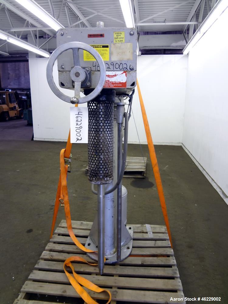 Used Cowles Disperser, Model W-24-1X. 304 Stainless steel shaft 1-3/4" diameter x 46" long (no mixing blade). Driven by 10 hp, 3/60/230/460 volt, 1755 rpm xp motor. Air over oil lift with tank, manua...