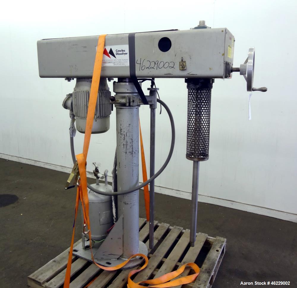 Used Cowles Disperser, Model W-24-1X. 304 Stainless steel shaft 1-3/4" diameter x 46" long (no mixing blade). Driven by 10 hp, 3/60/230/460 volt, 1755 rpm xp motor. Air over oil lift with tank, manua...