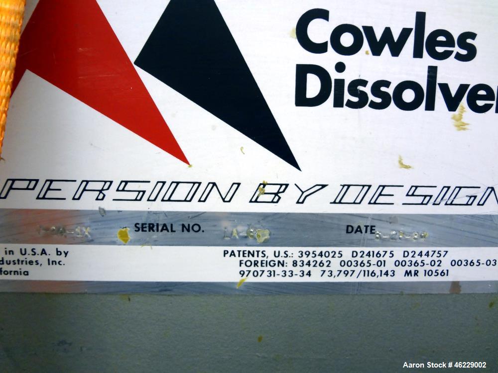 Used Cowles Disperser, Model W-24-1X. 304 Stainless steel shaft 1-3/4" diameter x 46" long (no mixing blade). Driven by 10 hp, 3/60/230/460 volt, 1755 rpm xp motor. Air over oil lift with tank, manua...
