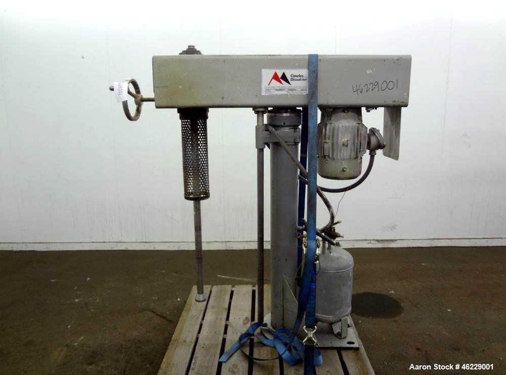 Used Cowles Disperser, Model W-241X. 304 Stainless steel shaft 1-3/4" diameter x 46" long (no mixing blade). Driven by 10 hp, 3/60/230/460 volt, 1755 rpm xp motor. Air over oil lift with tank, manual...
