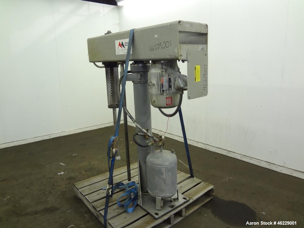 Used Cowles Disperser, Model W-241X. 304 Stainless steel shaft 1-3/4" diameter x 46" long (no mixing blade). Driven by 10 hp, 3/60/230/460 volt, 1755 rpm xp motor. Air over oil lift with tank, manual...