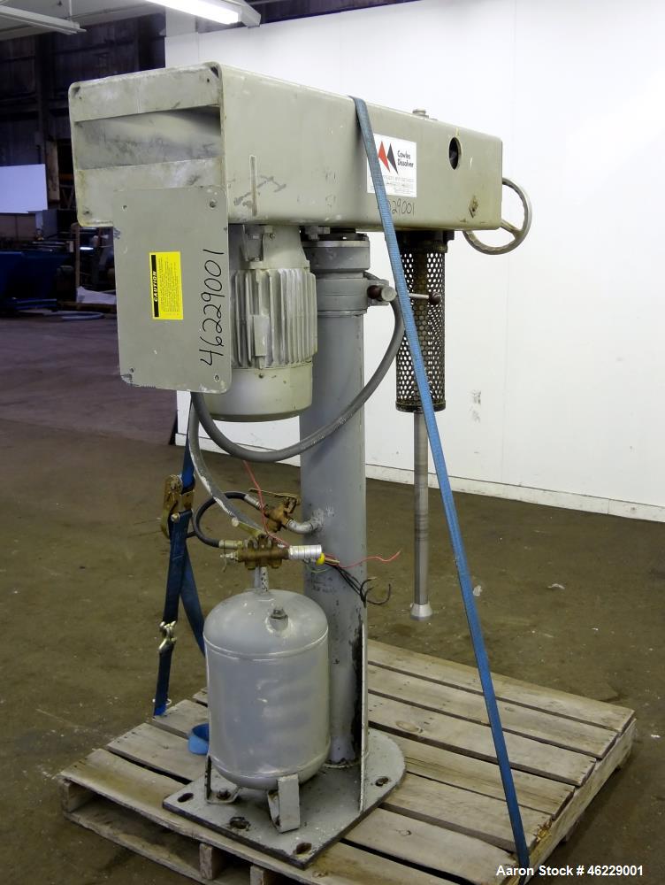 Used Cowles Disperser, Model W-241X. 304 Stainless steel shaft 1-3/4" diameter x 46" long (no mixing blade). Driven by 10 hp, 3/60/230/460 volt, 1755 rpm xp motor. Air over oil lift with tank, manual...