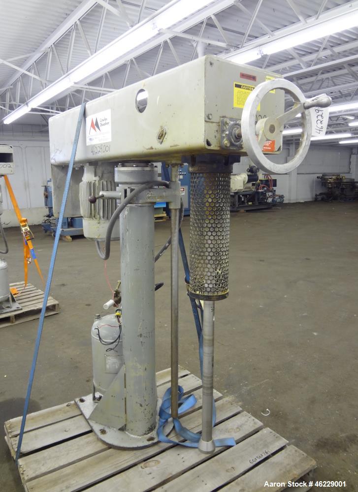 Used Cowles Disperser, Model W-241X. 304 Stainless steel shaft 1-3/4" diameter x 46" long (no mixing blade). Driven by 10 hp, 3/60/230/460 volt, 1755 rpm xp motor. Air over oil lift with tank, manual...