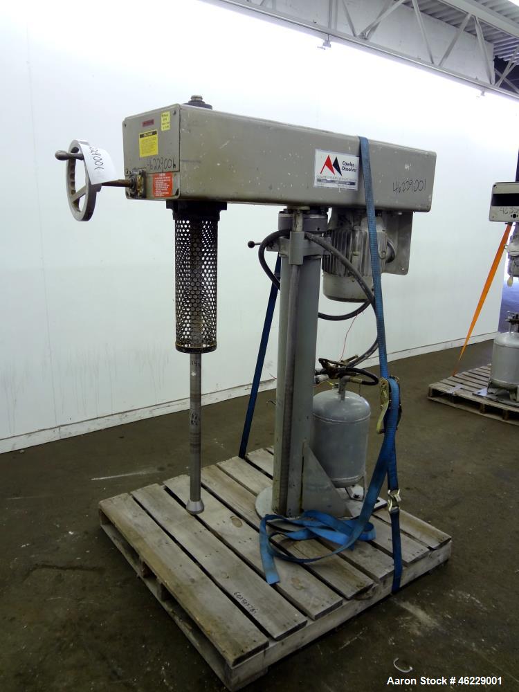Used Cowles Disperser, Model W-241X. 304 Stainless steel shaft 1-3/4" diameter x 46" long (no mixing blade). Driven by 10 hp, 3/60/230/460 volt, 1755 rpm xp motor. Air over oil lift with tank, manual...