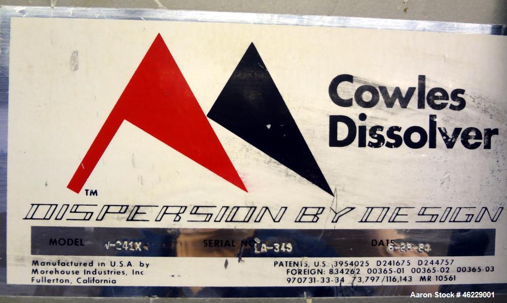 Used Cowles Disperser, Model W-241X. 304 Stainless steel shaft 1-3/4" diameter x 46" long (no mixing blade). Driven by 10 hp, 3/60/230/460 volt, 1755 rpm xp motor. Air over oil lift with tank, manual...