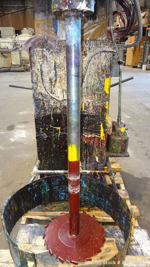 Used Hockmeyer Discperser, Model M. (1) Approximate 2" diameter x 35" long carbon steel shaft with a saw tooth blade. Will center in an approximate 24" diameter can. Manual raise, and lower with a ti...
