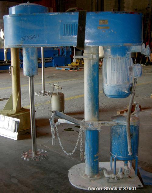 USED: Hockmeyer Disperser, 2" diameter x 38" long stainless steel shaft with a 14" diameter blade. Will center in an approximate 48" diameter can. Air/oil lift. Hand operated variable speed pulley dr...