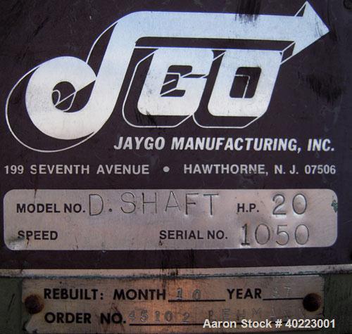 Used Jaygo Disperser, Model D4. Driven by a  20 hp, 3/60/230/460 volt, 1755 rpm XP motor. Includes (5) approximately 80 gallon stainless steel jacketed mixing tanks.