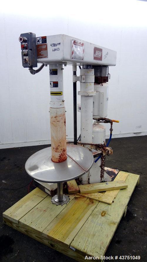 Used Jaygo Variable High Speed High Shear Disperser, Model HS-7510. (1) 2" Diameter stainless steel shaft with an 8" diameter sawtooth blade. Air/oil lift, 360 degree rotation, approximately 500-2500...