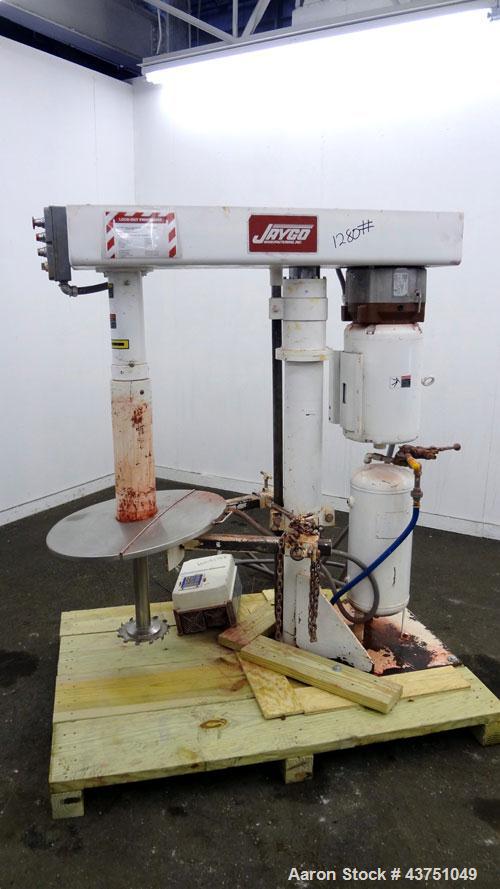 Used Jaygo Variable High Speed High Shear Disperser, Model HS-7510. (1) 2" Diameter stainless steel shaft with an 8" diameter sawtooth blade. Air/oil lift, 360 degree rotation, approximately 500-2500...