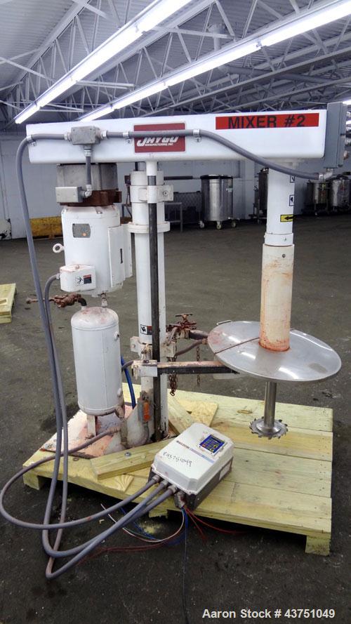 Used Jaygo Variable High Speed High Shear Disperser, Model HS-7510. (1) 2" Diameter stainless steel shaft with an 8" diameter sawtooth blade. Air/oil lift, 360 degree rotation, approximately 500-2500...