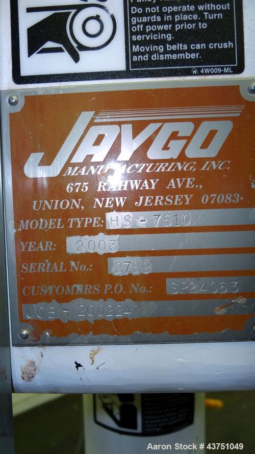 Used Jaygo Variable High Speed High Shear Disperser, Model HS-7510. (1) 2" Diameter stainless steel shaft with an 8" diameter sawtooth blade. Air/oil lift, 360 degree rotation, approximately 500-2500...
