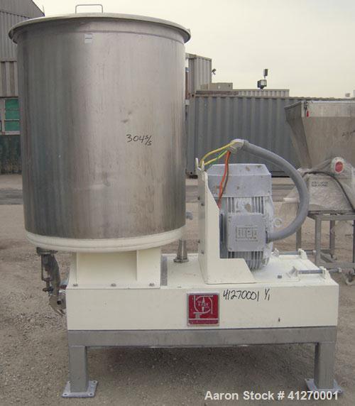 Used Kady Mill, Model 4A-C, 304 Stainless Steel. 250 gallon operating volume. 42" diameter x 50" deep stainless steel jacketed tank, rated up to 20 psi. Top 1/2 hinged cover with set in safety grate....
