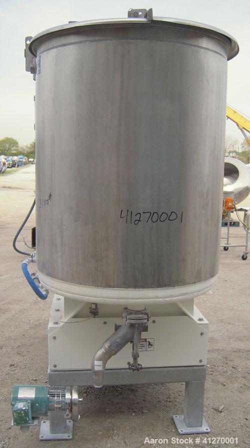 Used Kady Mill, Model 4A-C, 304 Stainless Steel. 250 gallon operating volume. 42" diameter x 50" deep stainless steel jacketed tank, rated up to 20 psi. Top 1/2 hinged cover with set in safety grate....