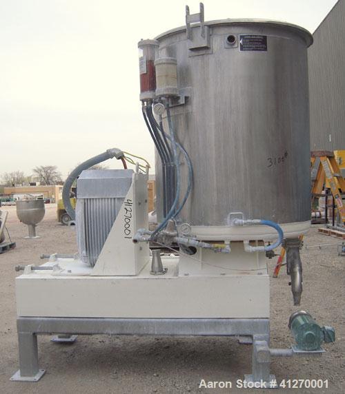 Used Kady Mill, Model 4A-C, 304 Stainless Steel. 250 gallon operating volume. 42" diameter x 50" deep stainless steel jacketed tank, rated up to 20 psi. Top 1/2 hinged cover with set in safety grate....