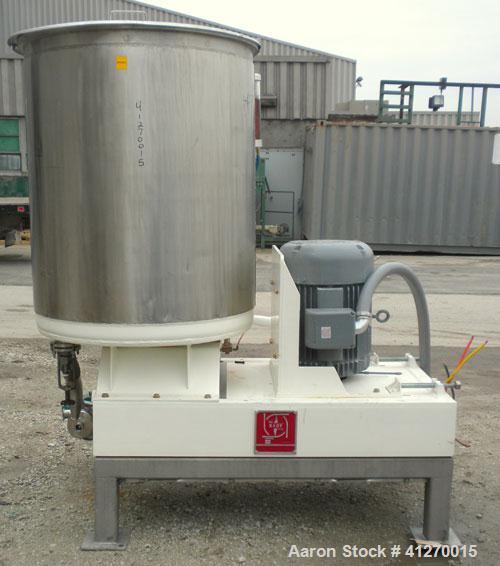 Used Kady Mill, Model 4A-C, 304 stainless steel. 250 gallon operating volume. 42" diameter x 50" deep stainless steel jacketed tank, rated up to 20 psi. Top 1/2 hinged cover with set in safety grate....