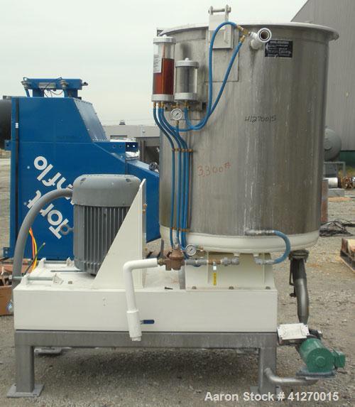 Used Kady Mill, Model 4A-C, 304 stainless steel. 250 gallon operating volume. 42" diameter x 50" deep stainless steel jacketed tank, rated up to 20 psi. Top 1/2 hinged cover with set in safety grate....