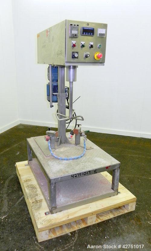 Used Keith Machinery Disperser Mixer. Approximate 5 gallon batch size, 14" rise. 1-1/2" Diameter X 14-3/4" long 304 stainless steel shaft with a 3 blade bow tie type blade. Driven by a 2hp, 3/60/230/...