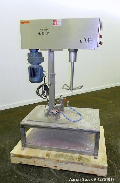 Used Keith Machinery Disperser Mixer. Approximate 5 gallon batch size, 14" rise. 1-1/2" Diameter X 14-3/4" long 304 stainless steel shaft with a 3 blade bow tie type blade. Driven by a 2hp, 3/60/230/...