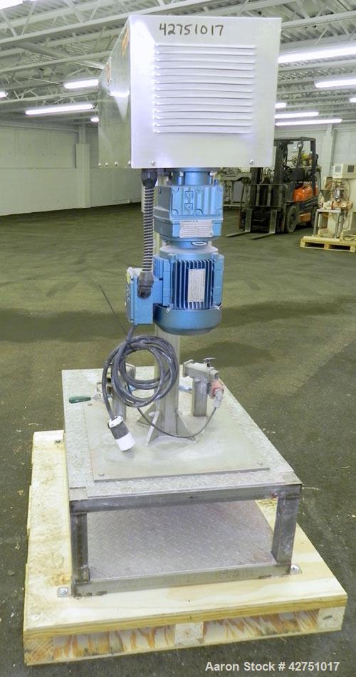 Used Keith Machinery Disperser Mixer. Approximate 5 gallon batch size, 14" rise. 1-1/2" Diameter X 14-3/4" long 304 stainless steel shaft with a 3 blade bow tie type blade. Driven by a 2hp, 3/60/230/...