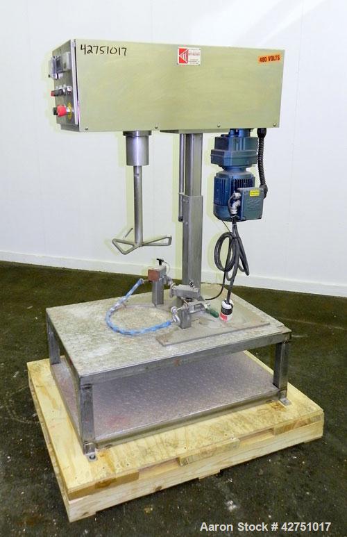 Used Keith Machinery Disperser Mixer. Approximate 5 gallon batch size, 14" rise. 1-1/2" Diameter X 14-3/4" long 304 stainless steel shaft with a 3 blade bow tie type blade. Driven by a 2hp, 3/60/230/...