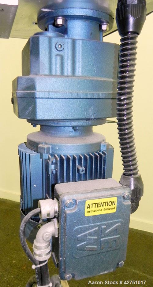 Used Keith Machinery Disperser Mixer. Approximate 5 gallon batch size, 14" rise. 1-1/2" Diameter X 14-3/4" long 304 stainless steel shaft with a 3 blade bow tie type blade. Driven by a 2hp, 3/60/230/...