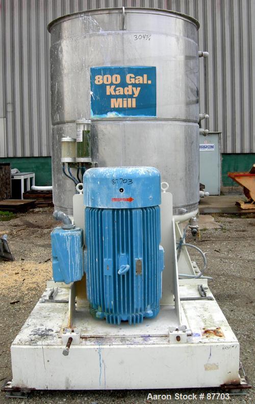 USED: Kinectic Dispersion Corp Kady Mill, model 800B, 304 stainless steel. 800 gallon working batch capacity, 650 gallons per minute continuous capacity. 60" diameter x 74" deep stainless steel jacke...