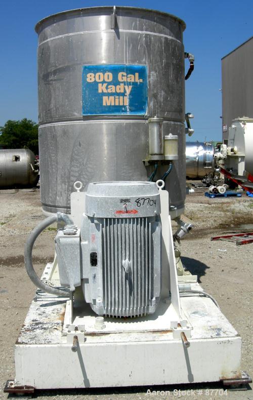 USED: Kinectic Dispersion Corp Kady Mill, model 800B, 304 stainless steel. 800 gallon working batch capacity, 650 gallons per minute continuous capacity. 60" diameter x 74" deep stainless steel jacke...