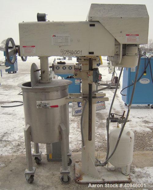 Used Morehouse Cowles Dual Shaft Disperser, Model 3/5HP, 304 stainless steel. (1) 1 1/4" diameter shaft with a 4" diameter sawtooth blade, driven by a 5 hp, 3/60/208-230/460 volt, 3480 rpm xp motor, ...
