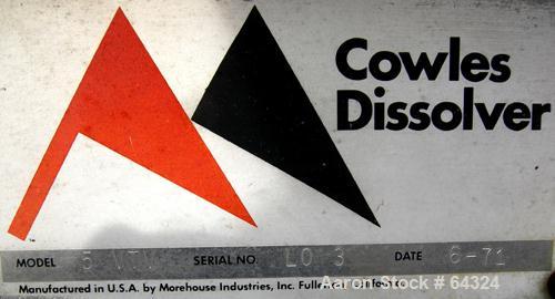 USED: Cowles dissolver model 5VTV. Capacity 5 to 20 gallon batches,5" dia dispersion blade, 1" dia x 17" long shaft, 18" dia x 19" deepmixing tank (20 gallon), stainless steel clad with 2 half covers...