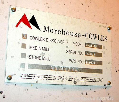 Used Morehouse Cowles Dissolver, Model V 38-40. 3" diameter x 36" long 316 stainless steel shaft, no blade. Includes dust hood, can holder, air/oil lift, approximately 8 1/2" ram x 54" stroke. Driven...