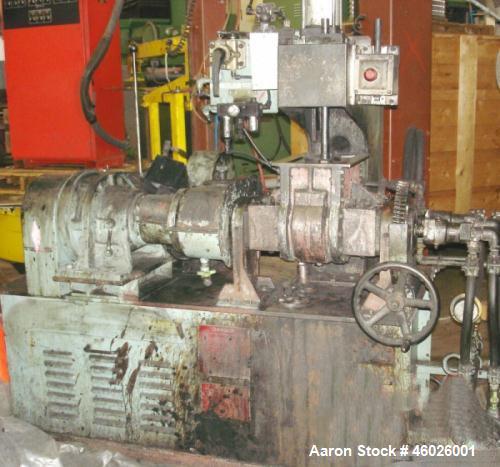 Used Moriyama Kneader Mill, Batch Mixer/Compounder, Model D3-7.5. 3 Liter mixing capacity, speeds front approximately 25 to 100 rpm. Single ram air cylinder feed, manual crank tilt bowl. Driven by a ...