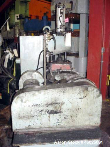 Used Moriyama Kneader Mill, Batch Mixer/Compounder, Model D3-7.5. 3 Liter mixing capacity, speeds front approximately 25 to 100 rpm. Single ram air cylinder feed, manual crank tilt bowl. Driven by a ...