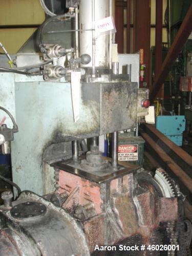 Used Moriyama Kneader Mill, Batch Mixer/Compounder, Model D3-7.5. 3 Liter mixing capacity, speeds front approximately 25 to 100 rpm. Single ram air cylinder feed, manual crank tilt bowl. Driven by a ...