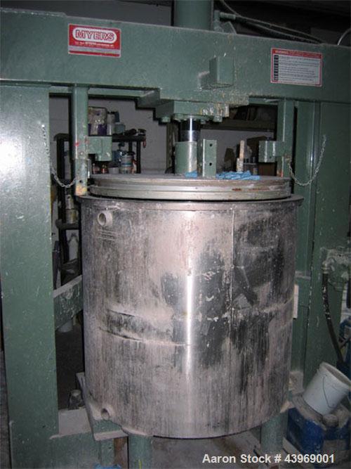 0Used-Myers 550/500A Tri-Shaft Mixer.  Includes (2) 160 gallon jacketed stainless steel tanks; hydraulic ram press for dispensing; 15 hp, 7.5 hp, 25 hp motors.  Unit has a hood and can operate in a v...