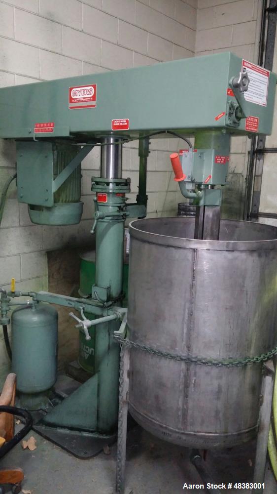Used Myers Mixer, Model 775A-15-2982.  100 gallon stainless steel mix tank. Air / oil Lift./15hp, XP, cone drive vari speed.