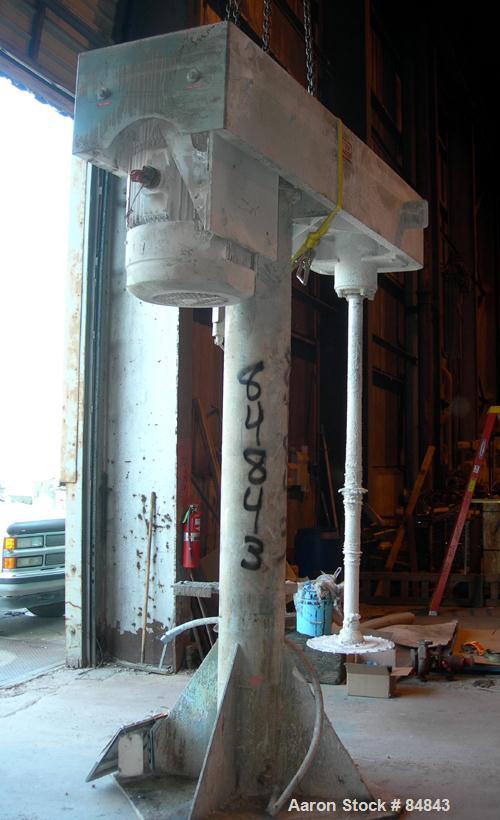 Used Myers Heavy Duty Disperser, Model 800E-100-50. 3-1/2" diameter x 86" long stainless steel shaft with 22" diameter sawtooth blade. Will center in an approximate 78" diameter can. Speed range appr...