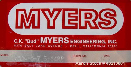 Used Myers dual shaft mixer, model V550A-5-7.5. (2) 2" diameter shafts, (1) 304 stainless steel, 6"  diameter saw tooth blade, driven by a 7.5 hp, 3/60/230/460 volt, 3515 rpm variable speed XP motor....