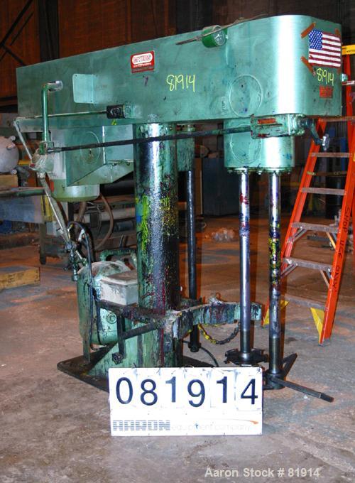 Used -  Myers Dual Shaft Mixer, Model 550a-25-702. (2) 2-1/2" diameter shafts, (1) with a 10" diameter sawtooth blade. (1) triple bowtie style blade. Air over oil lift, approximate 60" rise. Driven b...