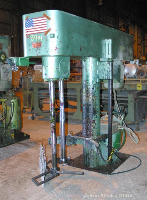 Used -  Myers Dual Shaft Mixer, Model 550a-25-702. (2) 2-1/2" diameter shafts, (1) with a 10" diameter sawtooth blade. (1) triple bowtie style blade. Air over oil lift, approximate 60" rise. Driven b...