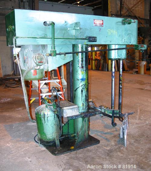 Used -  Myers Dual Shaft Mixer, Model 550a-25-702. (2) 2-1/2" diameter shafts, (1) with a 10" diameter sawtooth blade. (1) triple bowtie style blade. Air over oil lift, approximate 60" rise. Driven b...