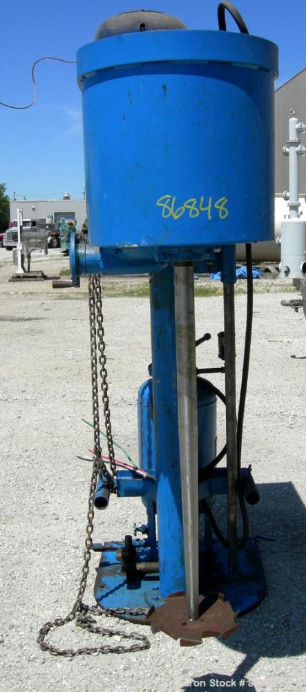 Used Disperser, 2" diameter x 42" long tapered 17-4PH stainless steel shaft with a 12" diameter carbon steel sawtooth blade. Will center in an approximate 48" diameter can. Air/oil lift. Hand operate...