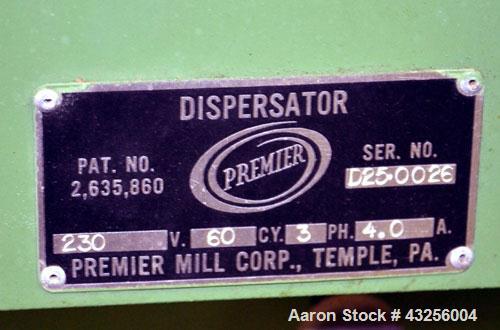 Used Premier Mill Laboratory Dispersator. Capacity up to 5 gallon batches. Approximate ¾” diameter x 10” long 316 stainless steel shaft, no mixing blade. Driven by a 1-1/2hp, 3/60/230/460 volt, 3450 ...