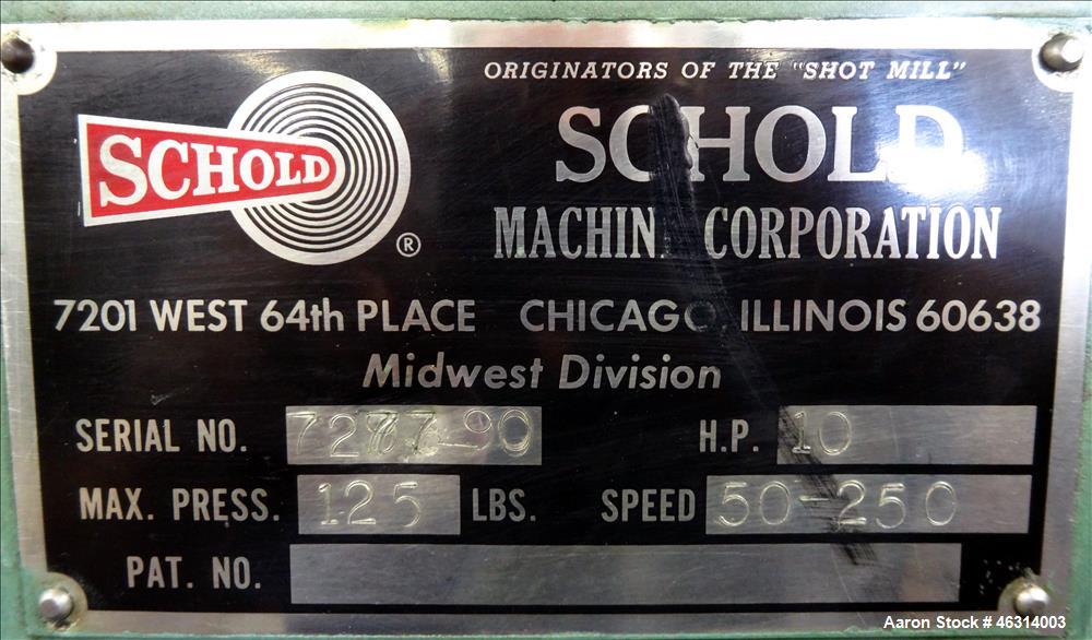 Used Schold Single Shaft Variable Low Speed Disperser, Model 10 VLS. Approximately 2-1/2" diameter x 39" long carbon steel shaft with a 3 bowtie blade. Driven by a 10 hp, 3/60/230/460 volt, 1735 rpm ...