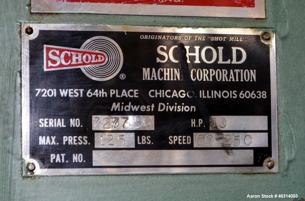 Used Schold Single Shaft Variable Low Speed Disperser, Model 10 VLS. Approximately 2-1/2" diameter x 39" long carbon steel shaft with a 3 bowtie blade. Driven by a 10 hp, 3/60/230/460 volt, 1735 rpm ...