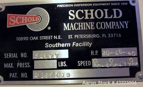 Used Schold Concentric Triple Shaft Tri-axial Disperser, 304 Stainless Steel. (1) High speed shear blade, driven by a 40 hp, 3/60/230/460 volt, 1800 rpm XP motor, speed range 0-1750 rpm, (1) Intermed...