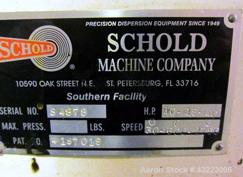 Used Schold Concentric Triple Shaft Tri-axial Disperser, 304 Stainless Steel. (1) High speed shear blade, driven by a 40 hp, 3/60/230/460 volt, 1800 rpm XP motor, speed range 0-1750 rpm, (1) Intermed...