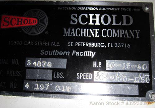 Used Schold Concentric Triple Shaft Tri-axial Disperser, 304 Stainless Steel. (1) High speed shear blade, driven by a 40 hp, 3/60/230/460 volt, 1800 rpm XP motor, speed range 0-1750 rpm, (1) Intermed...