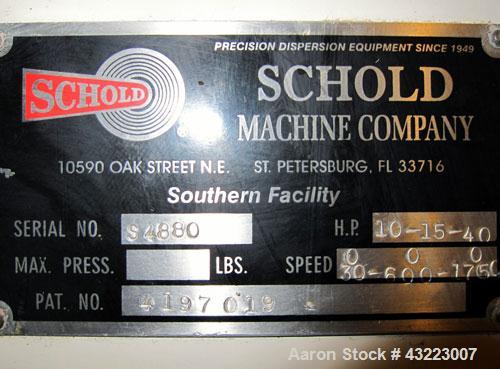 Used Schold Concentric Triple Shaft Tri-axial Disperser, 304 Stainless Steel. (1) High speed shear blade, driven by a 40 hp, 3/60/230/460 volt, 1800 rpm XP motor, speed range 0-1750 rpm, (1) Intermed...